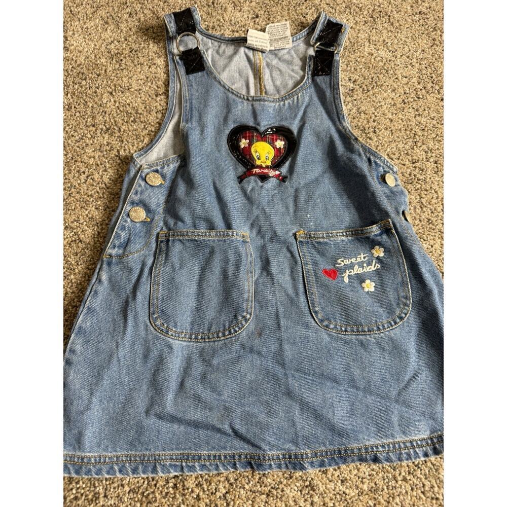 Vintage Looney Tunes Tweety Denim Overall Dress Sweetyplaids Buckleback Girls SM